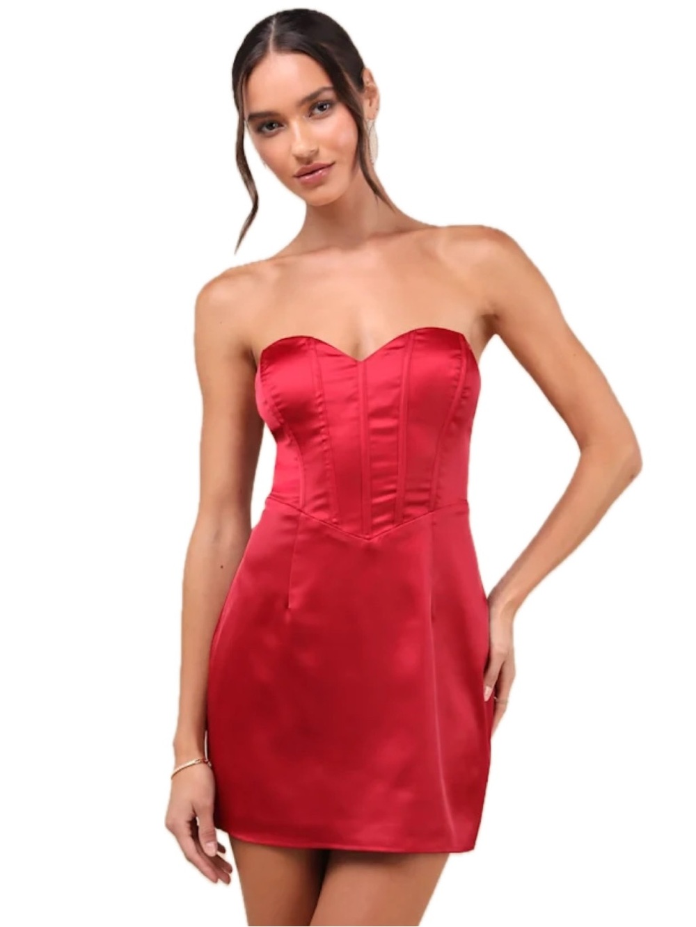 NWOT - Lulu's Scarlet Red Satin Strapless Bustier Corset Sweetheart Mini Dress